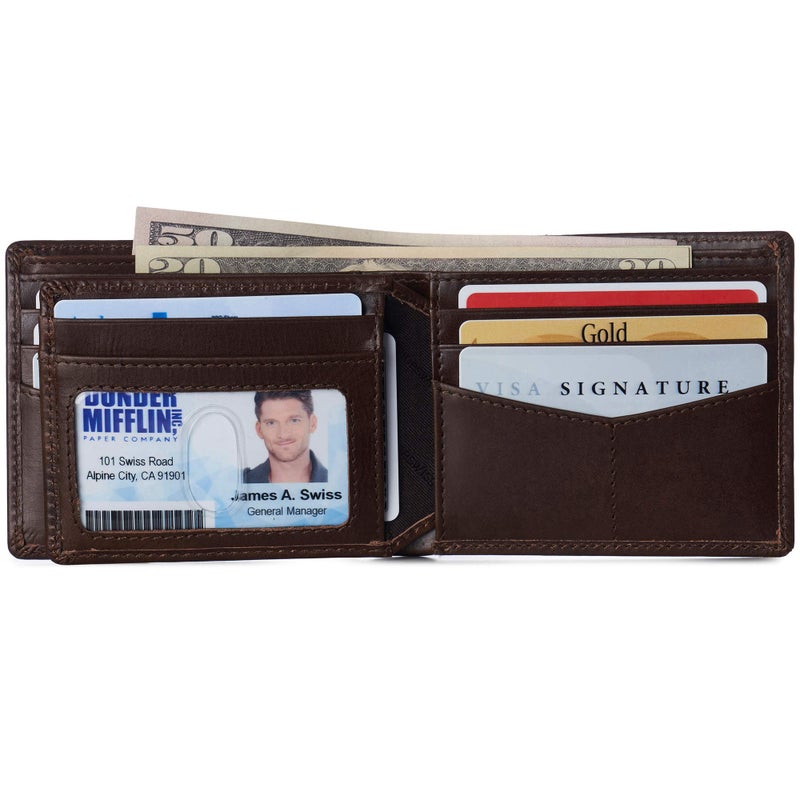 Alpine Swiss Wallet for Men Nolan Commuter Bifold Dual ID Windows for License Work Badge RFID Protection Divided Bill Section Gift Boxed Glossy Nappa Brown - Image 2